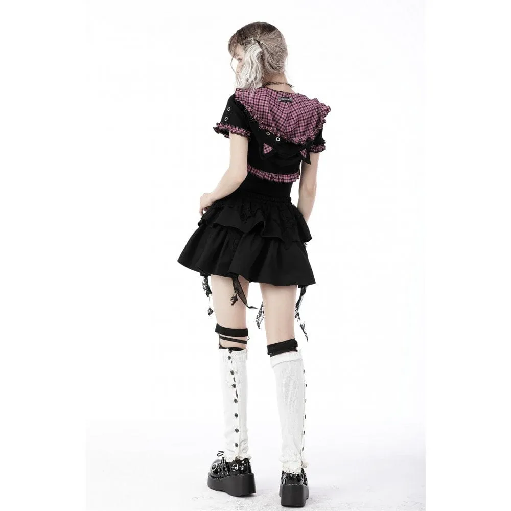 Women's Gothic Lolita Pink Plaid Cape with Cat Ear Hood