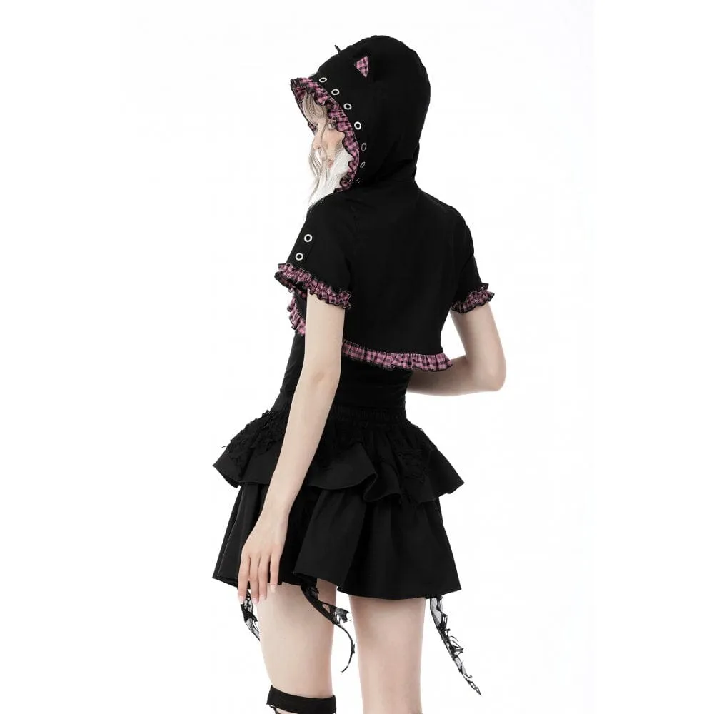 Women's Gothic Lolita Pink Plaid Cape with Cat Ear Hood