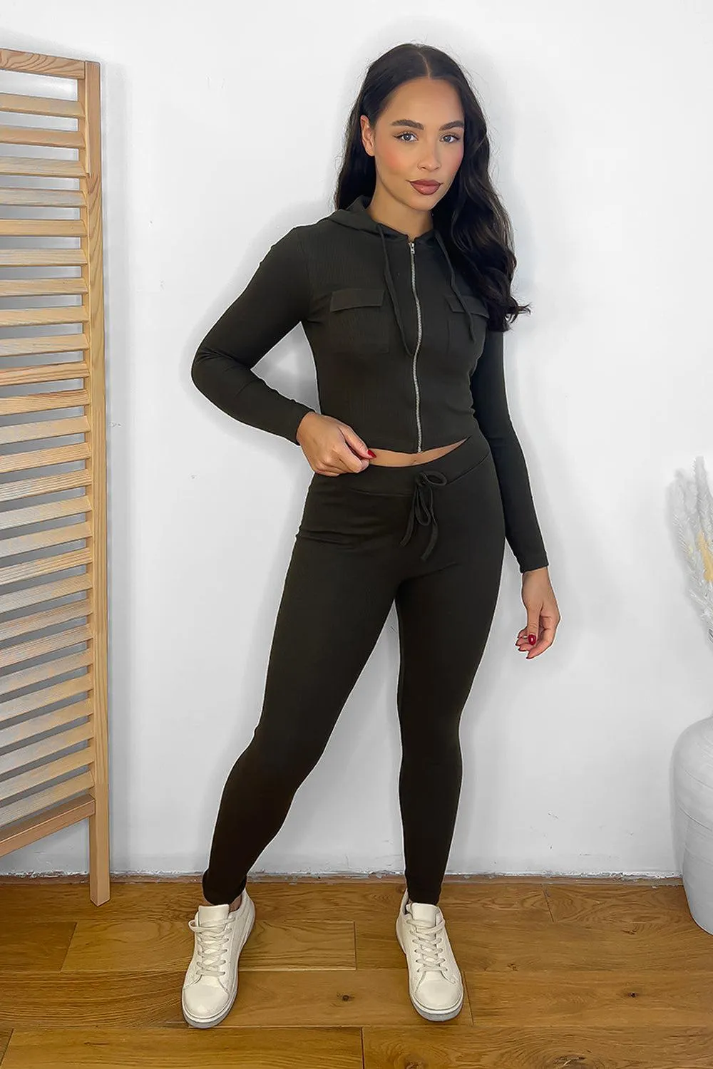 Zipped Cropped Hoodie Top And Leggings Set