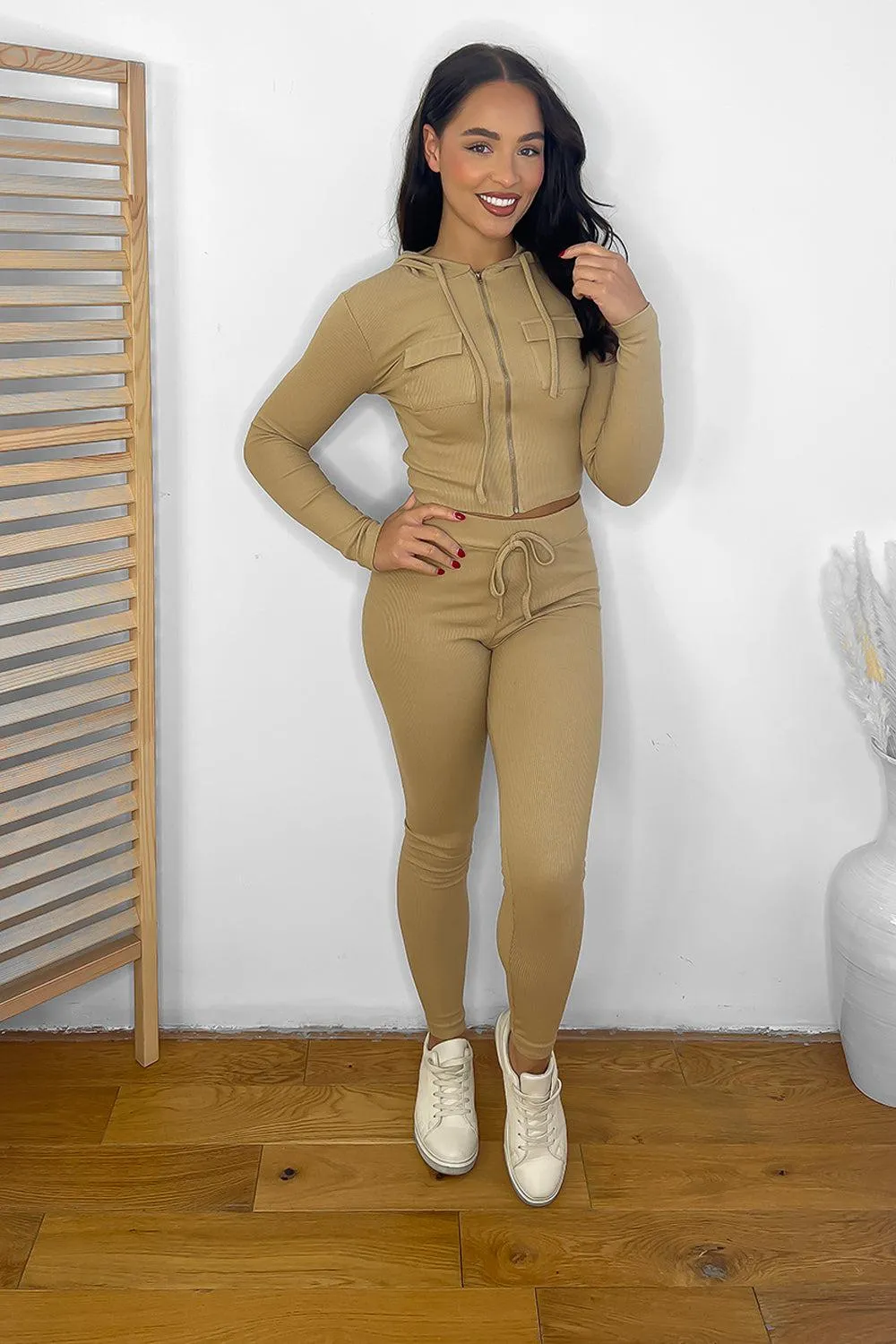 Zipped Cropped Hoodie Top And Leggings Set