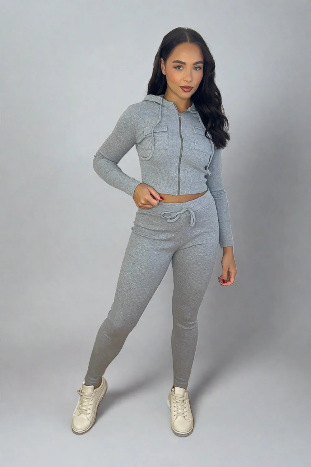 Zipped Cropped Hoodie Top And Leggings Set