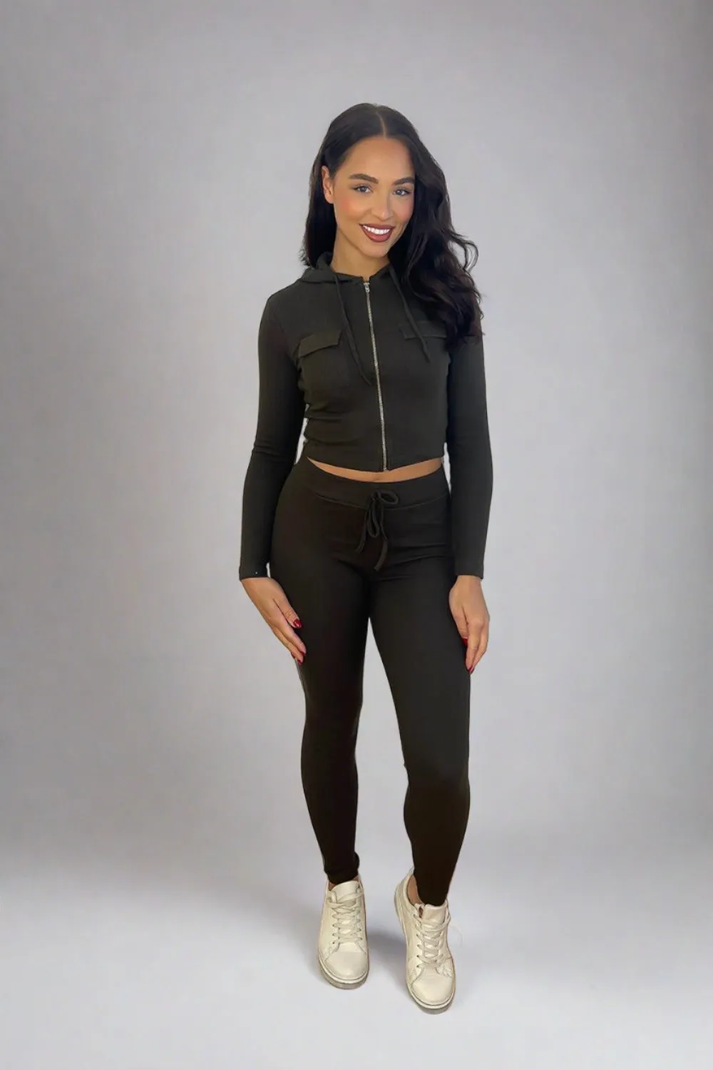 Zipped Cropped Hoodie Top And Leggings Set