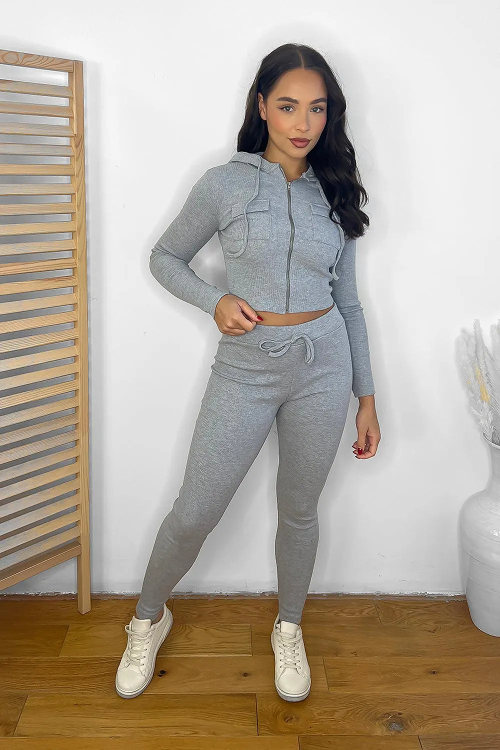 Zipped Cropped Hoodie Top And Leggings Set