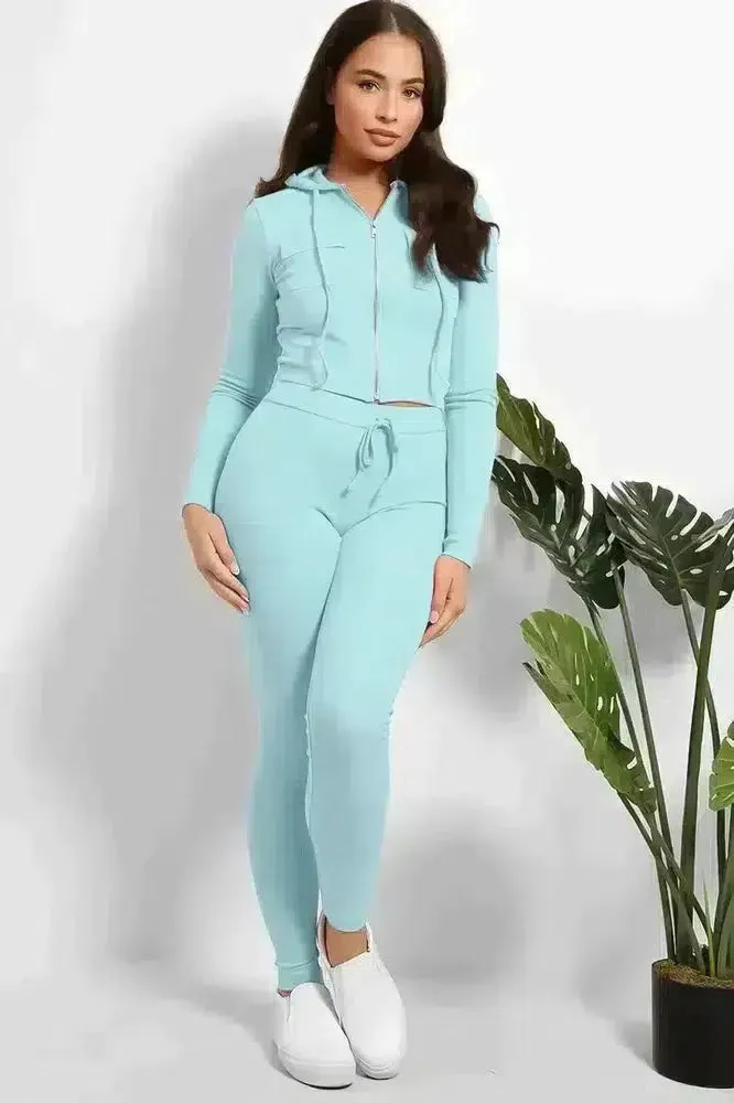 Zipped Cropped Hoodie Top And Leggings Set